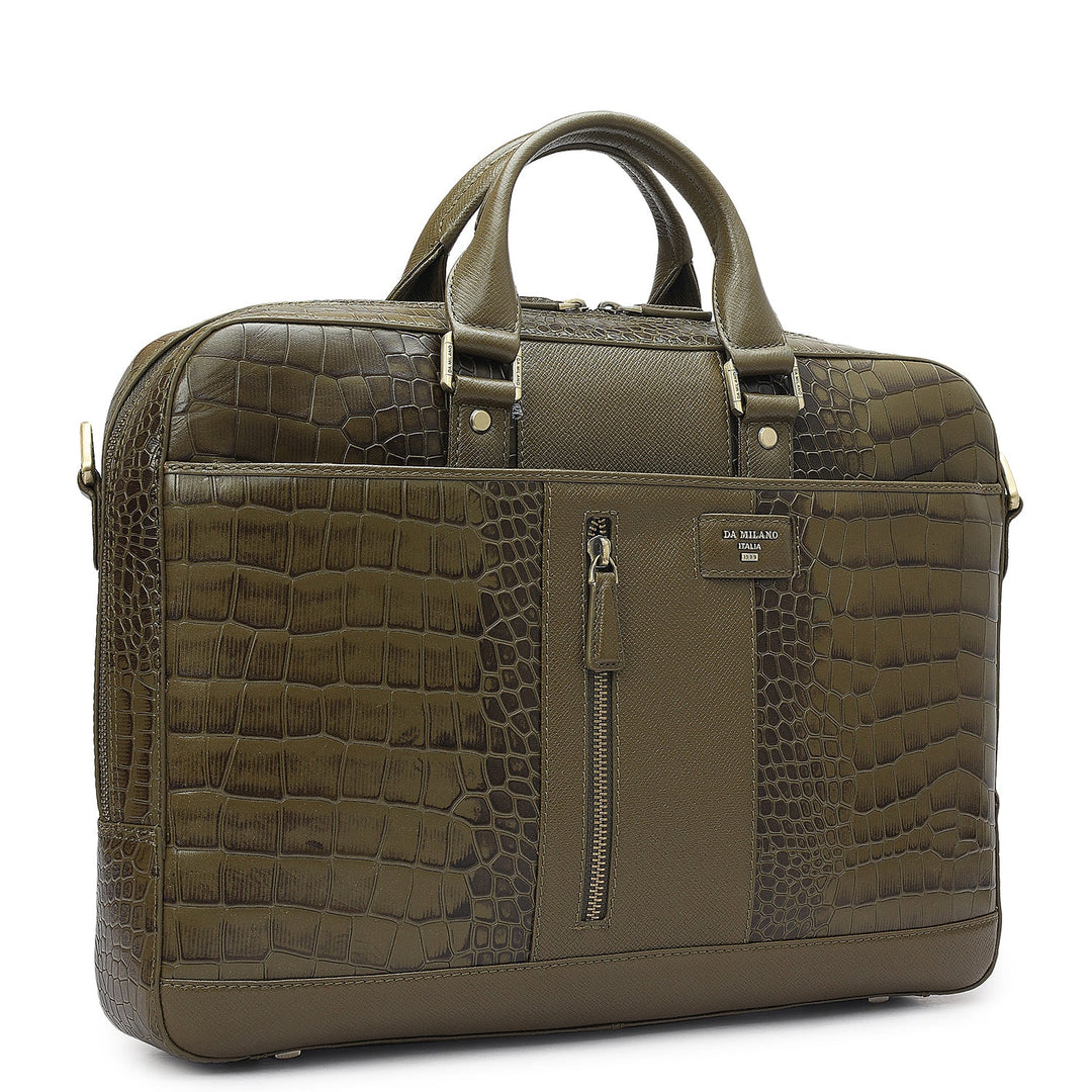 Croco Franzy Leather Laptop Bag - Military Green