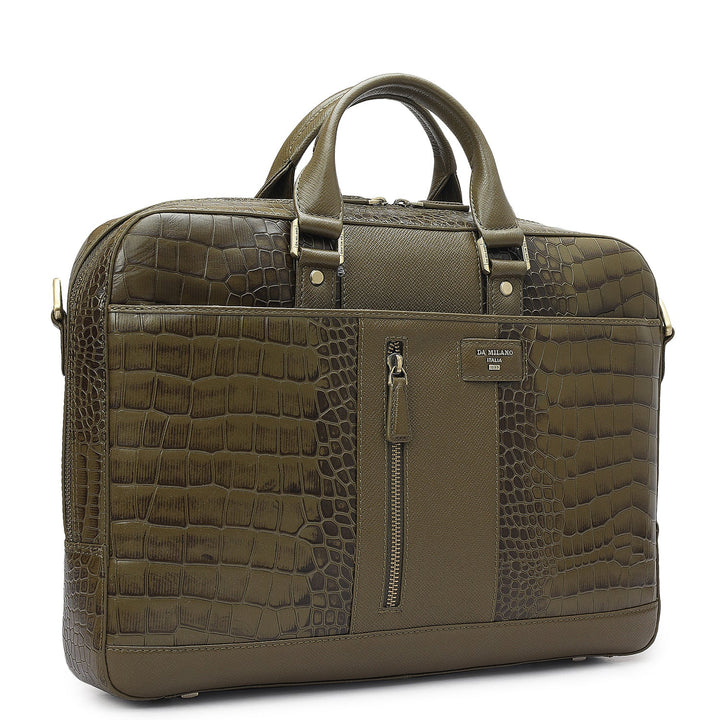 Croco Franzy Leather Laptop Bag - Military Green