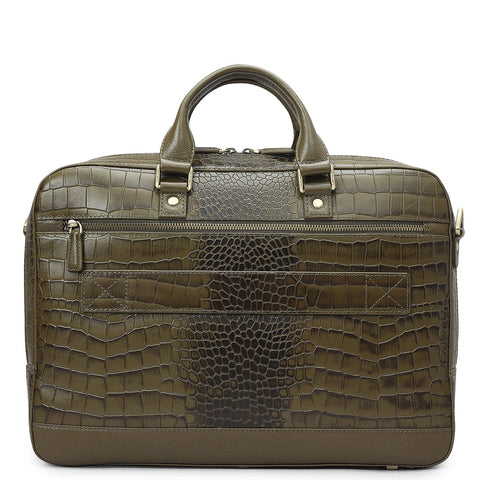 Croco Franzy Leather Laptop Bag - Military Green