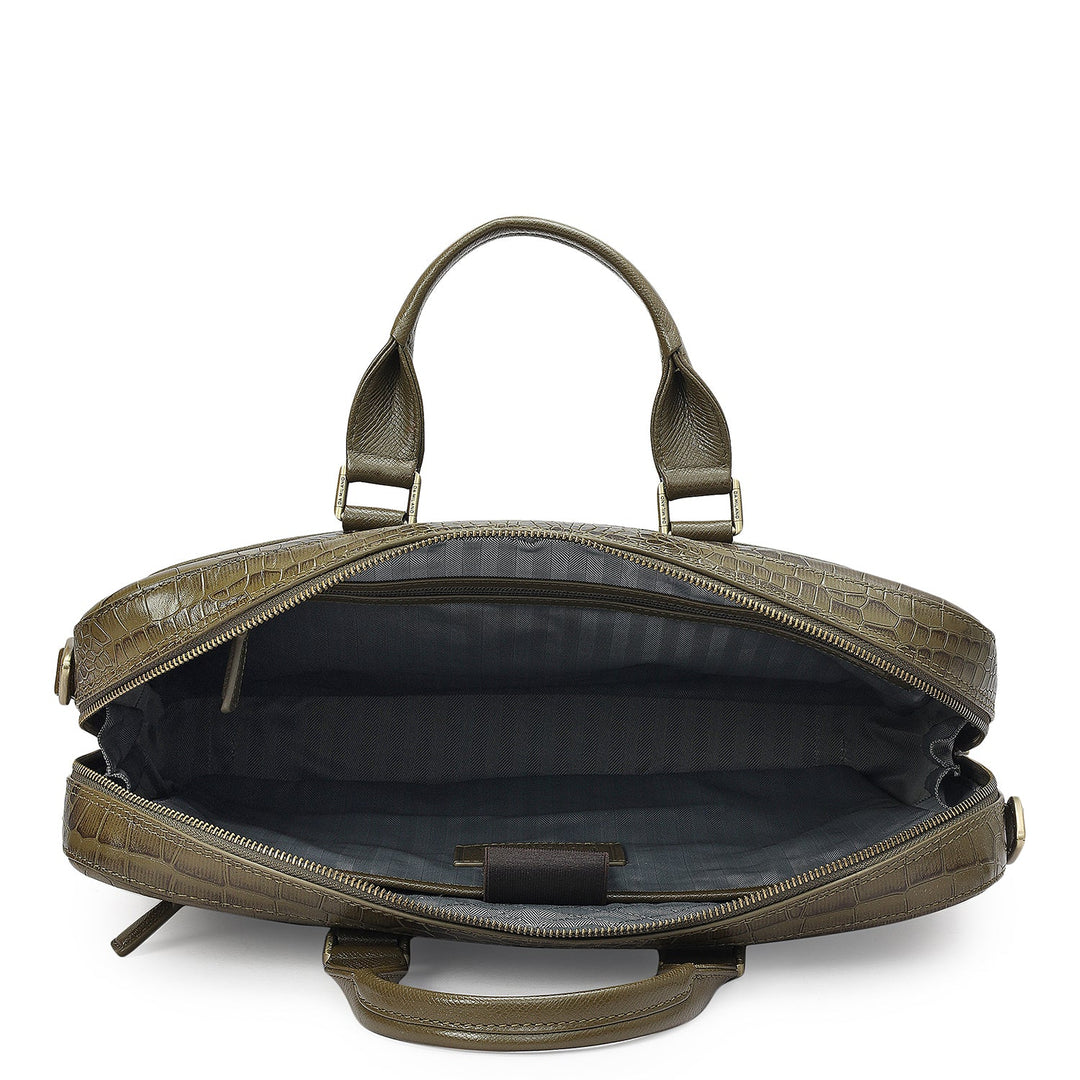 Croco Franzy Leather Laptop Bag - Military Green