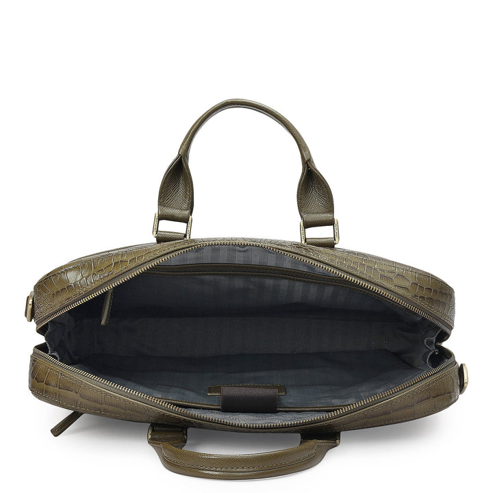 Croco Franzy Leather Laptop Bag - Military Green