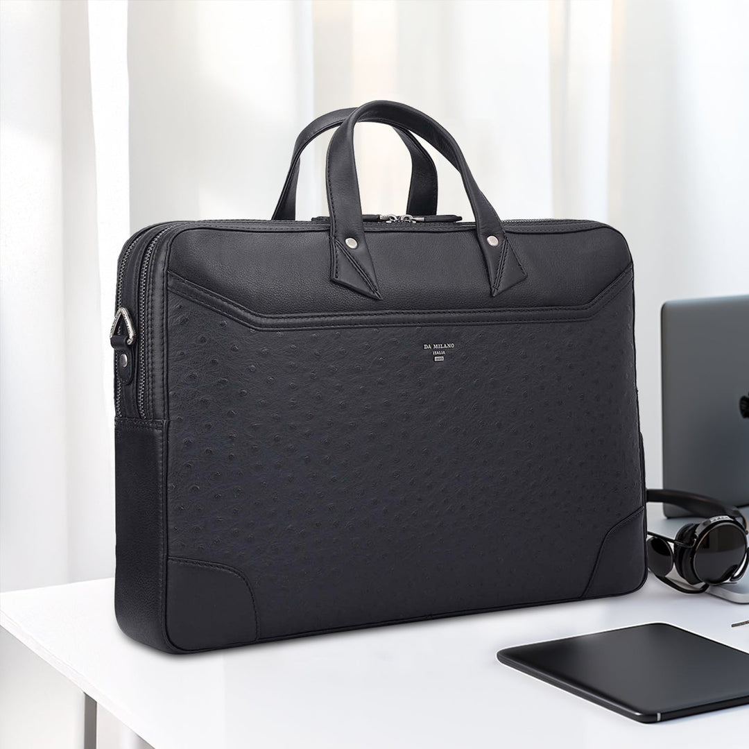 Ostrich Leather Laptop Bag - Black