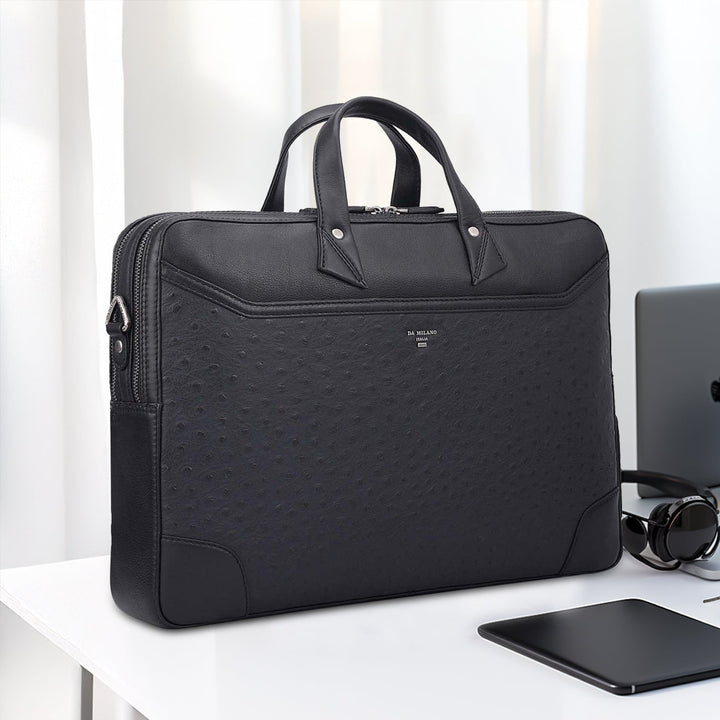 Ostrich Leather Laptop Bag - Black
