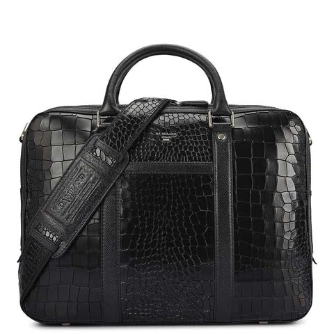 Croco Leather Laptop Bag - Black