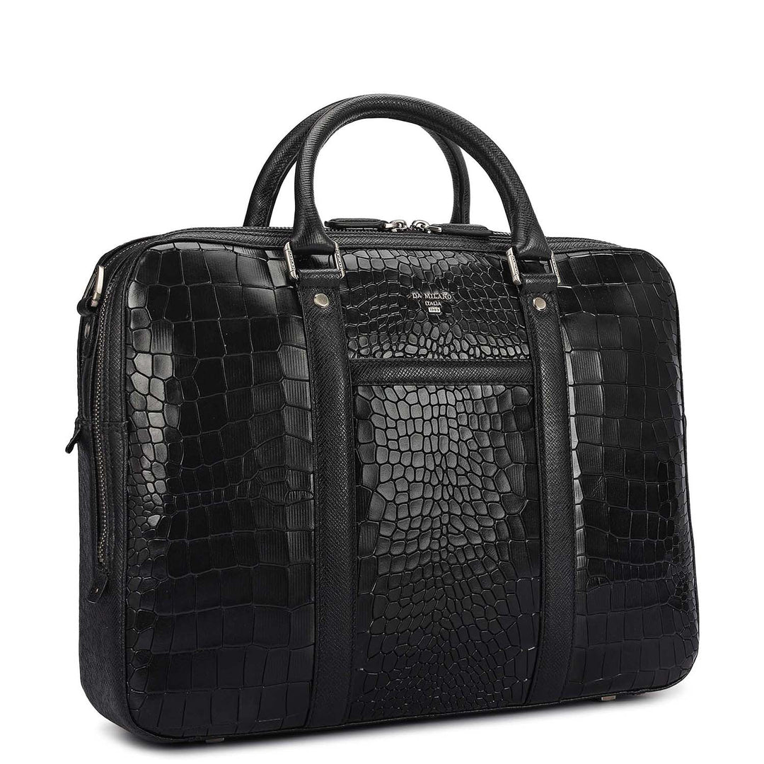 Croco Leather Laptop Bag - Black