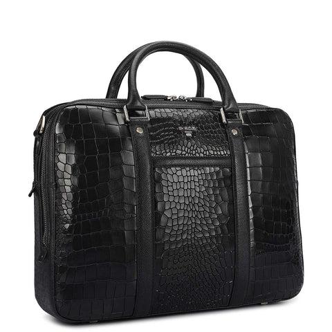 Croco Leather Laptop Bag - Black