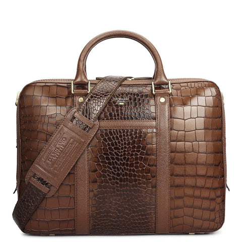 Croco Leather Laptop Bag - Walnut