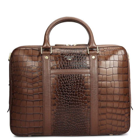 Croco Leather Laptop Bag - Walnut