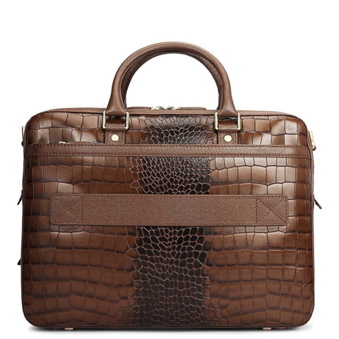 Croco Leather Laptop Bag - Walnut