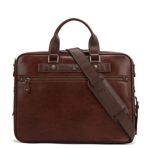 Elephant Pattern Leather Laptop Bag - Cognac