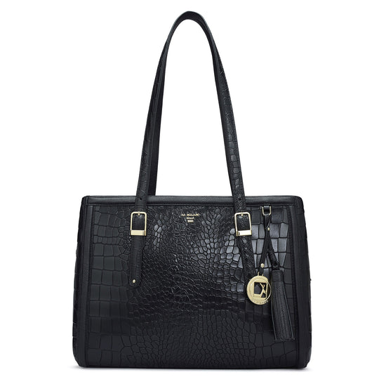 Medium Croco Leather Shoulder Bag - Black