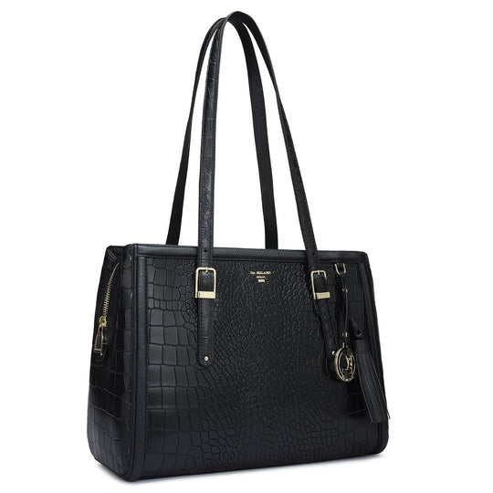 Medium Croco Leather Shoulder Bag - Black