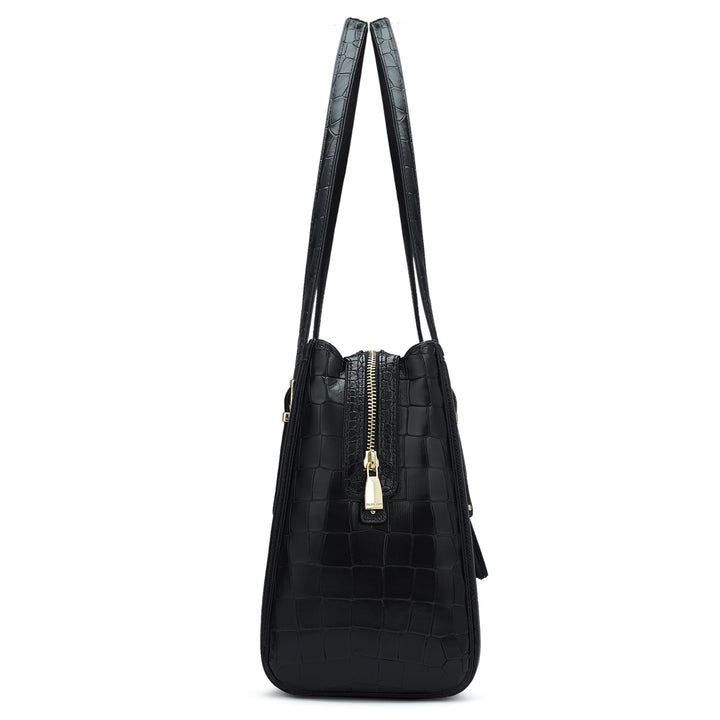 Medium Croco Leather Shoulder Bag - Black