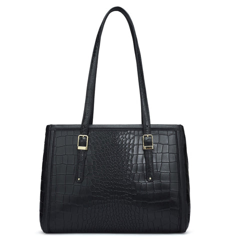 Medium Croco Leather Shoulder Bag - Black