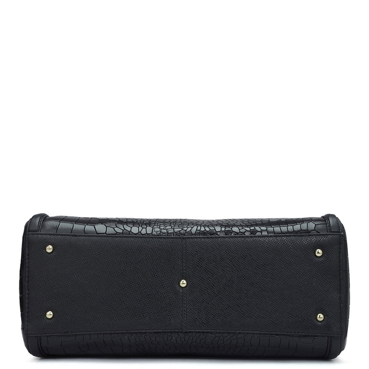 Medium Croco Leather Shoulder Bag - Black