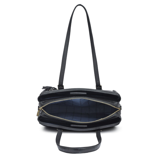 Medium Croco Leather Shoulder Bag - Black