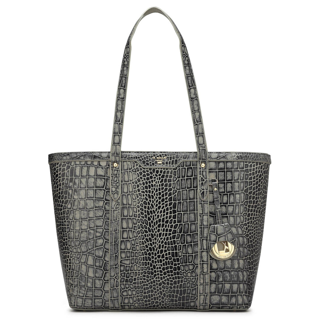 Large Croco Leather Tote - Grey