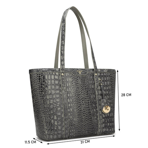 Large Croco Leather Tote - Grey