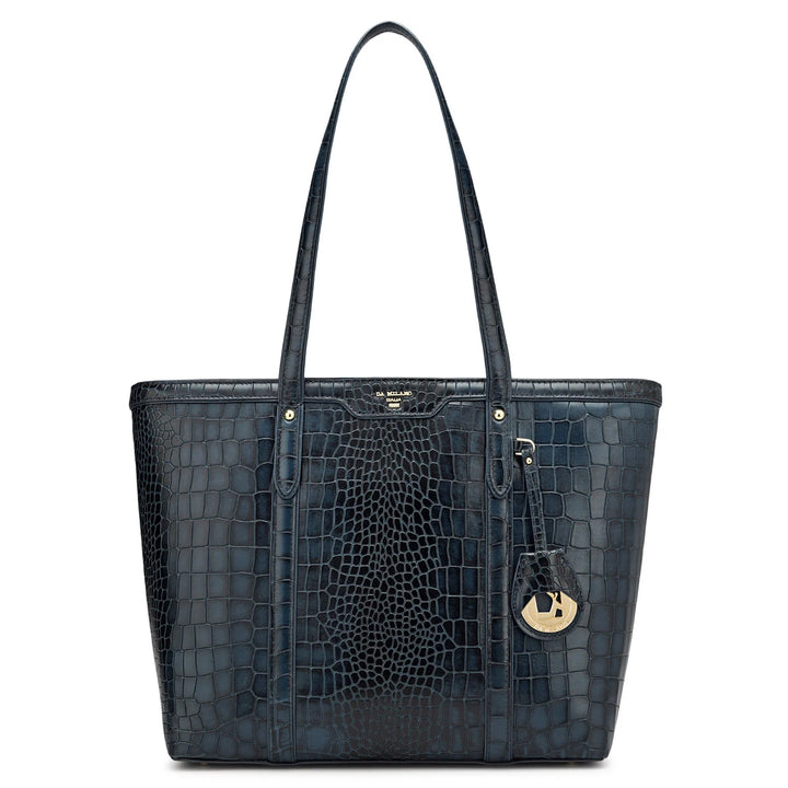 Large Croco Leather Tote - Navy