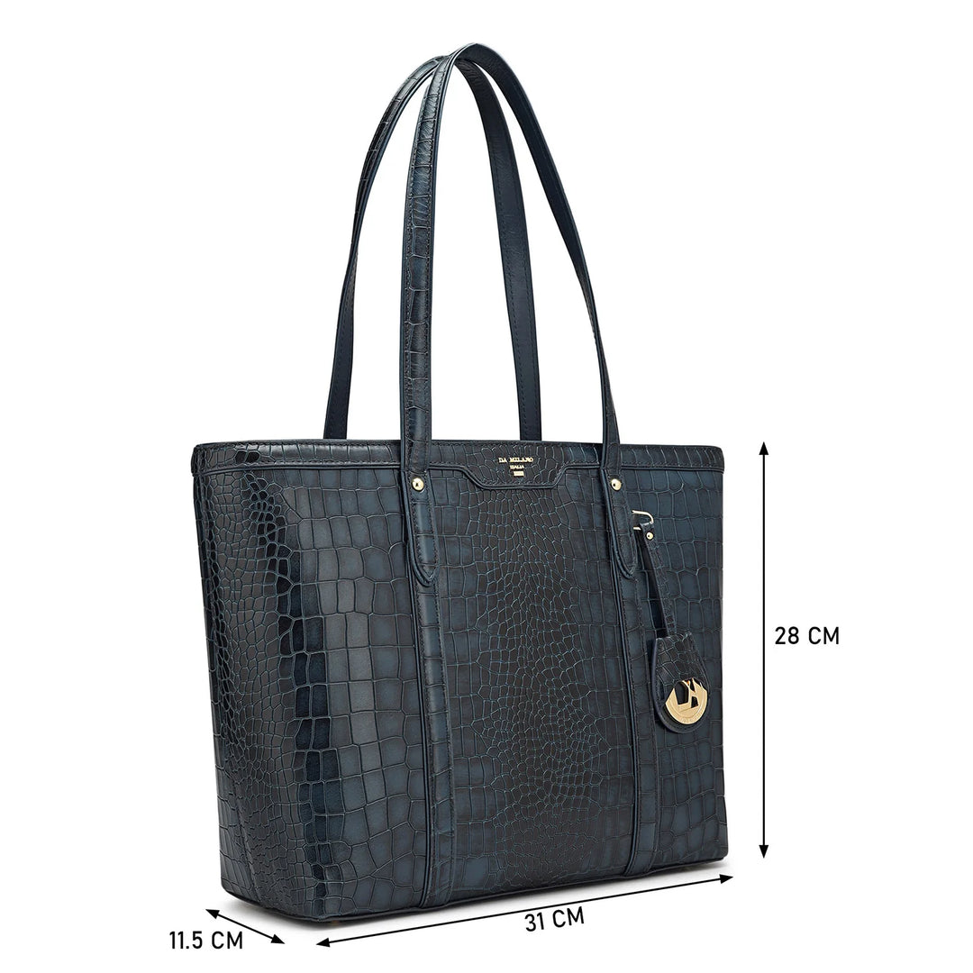 Large Croco Leather Tote - Navy