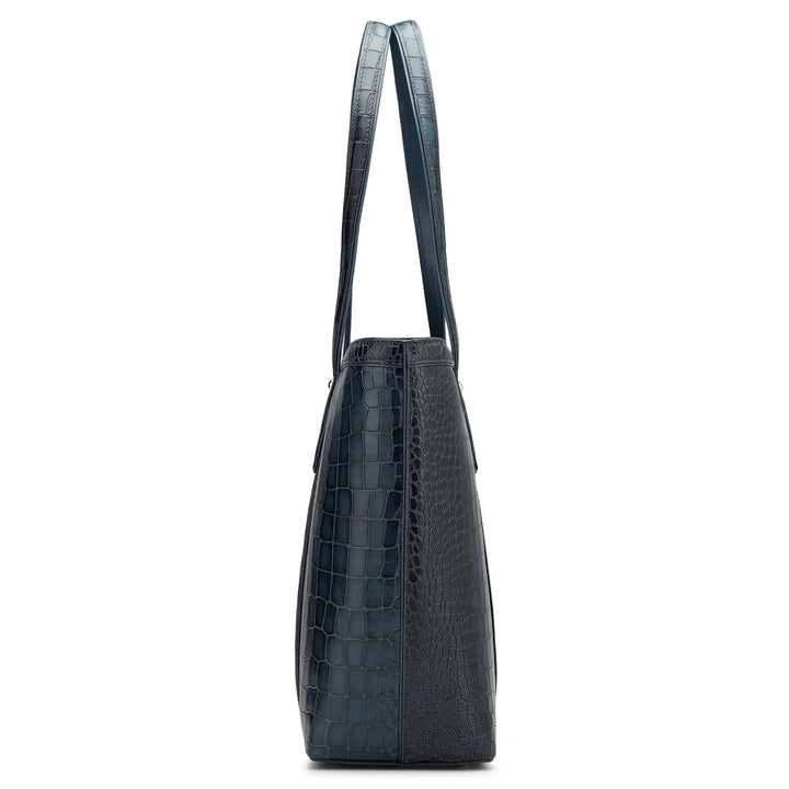 Large Croco Leather Tote - Navy