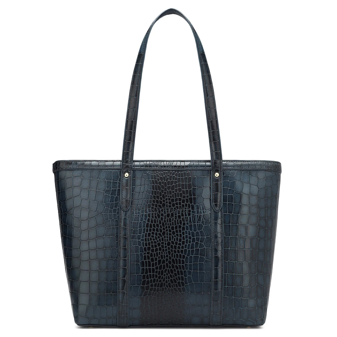 Large Croco Leather Tote - Navy