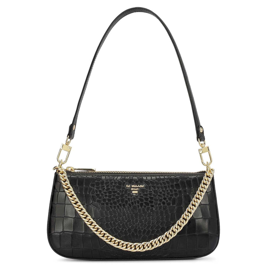 Small Croco Leather Baguette - Black