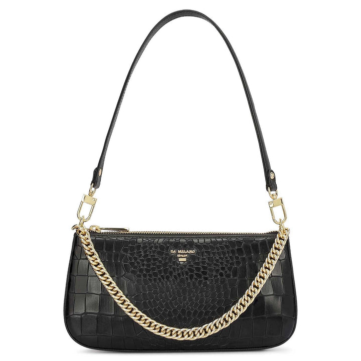 Small Croco Leather Baguette - Black