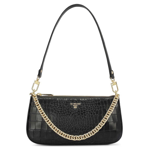 Small Croco Leather Baguette - Black