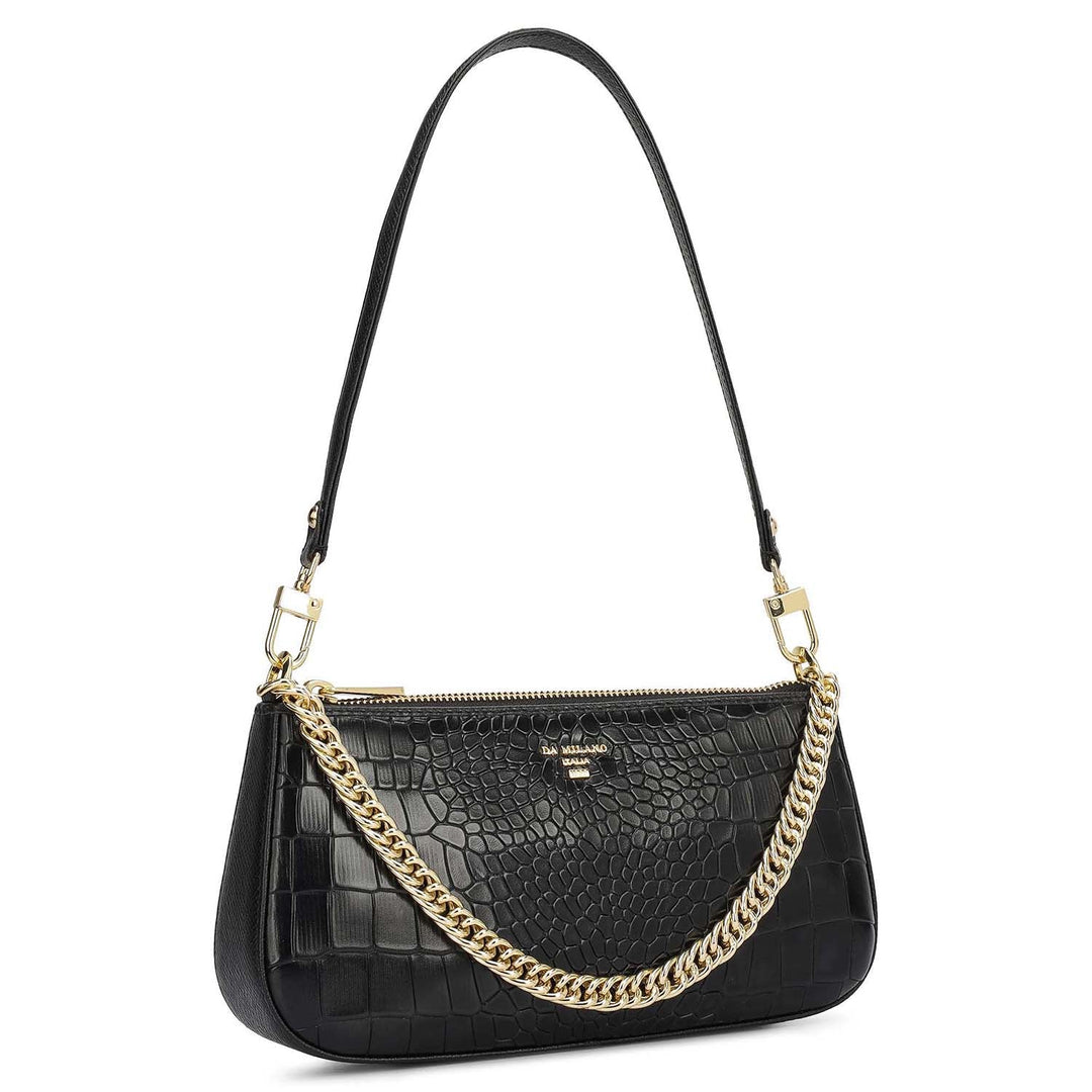 Small Croco Leather Baguette - Black