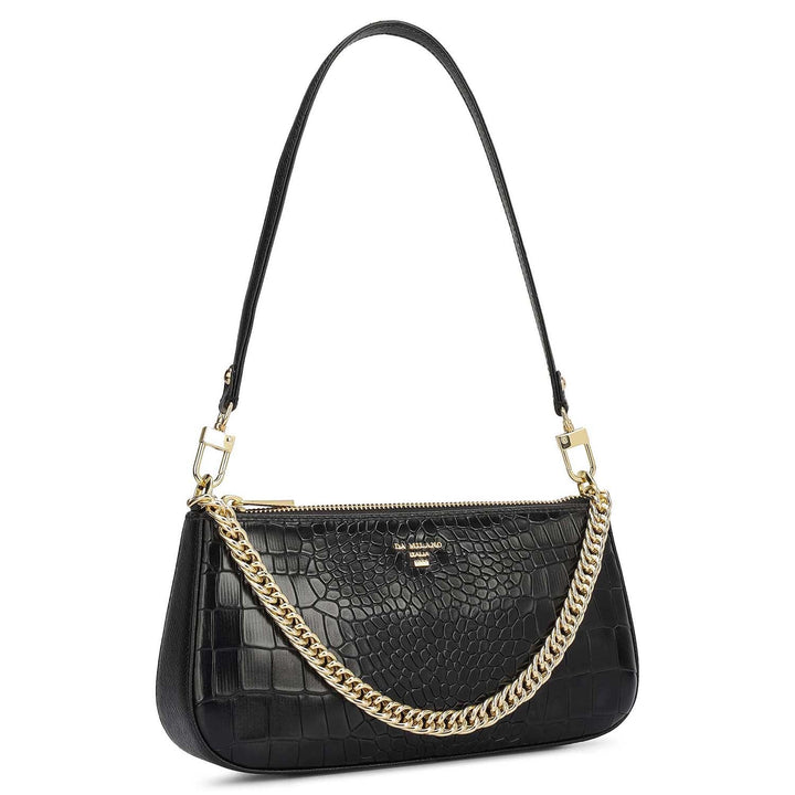 Small Croco Leather Baguette - Black