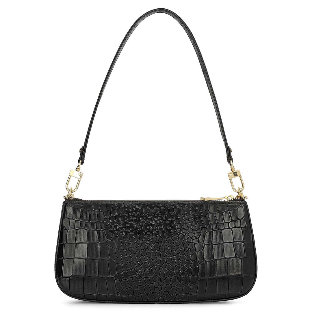 Small Croco Leather Baguette - Black