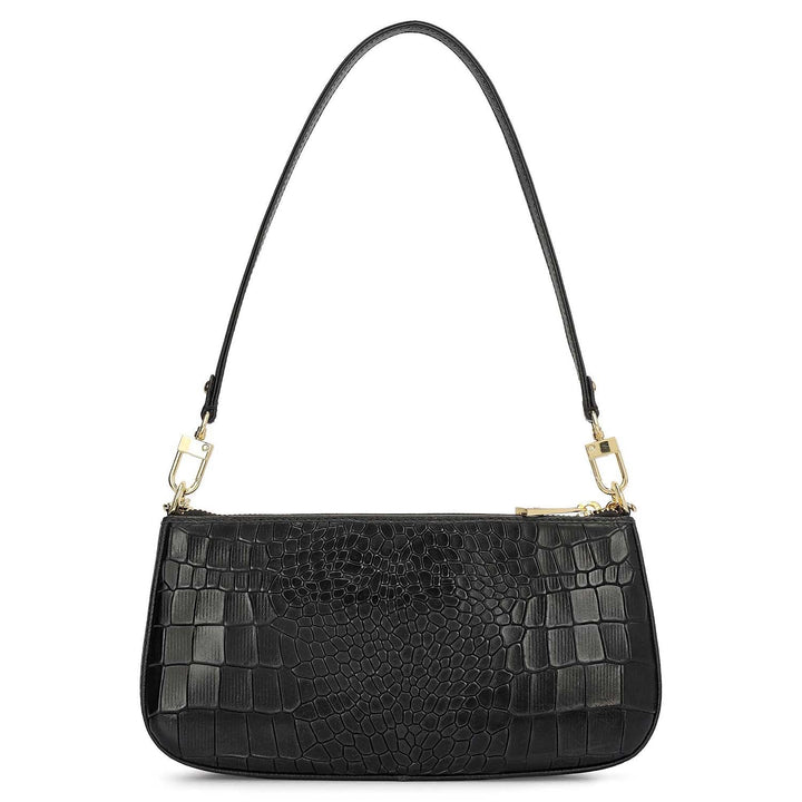 Small Croco Leather Baguette - Black