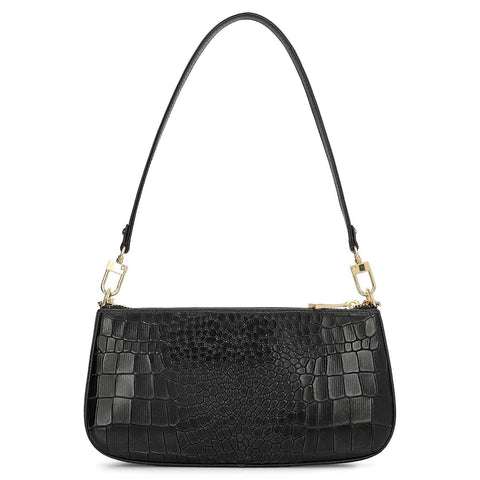 Small Croco Leather Baguette - Black