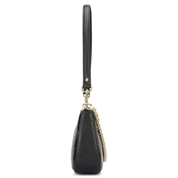 Small Croco Leather Baguette - Black