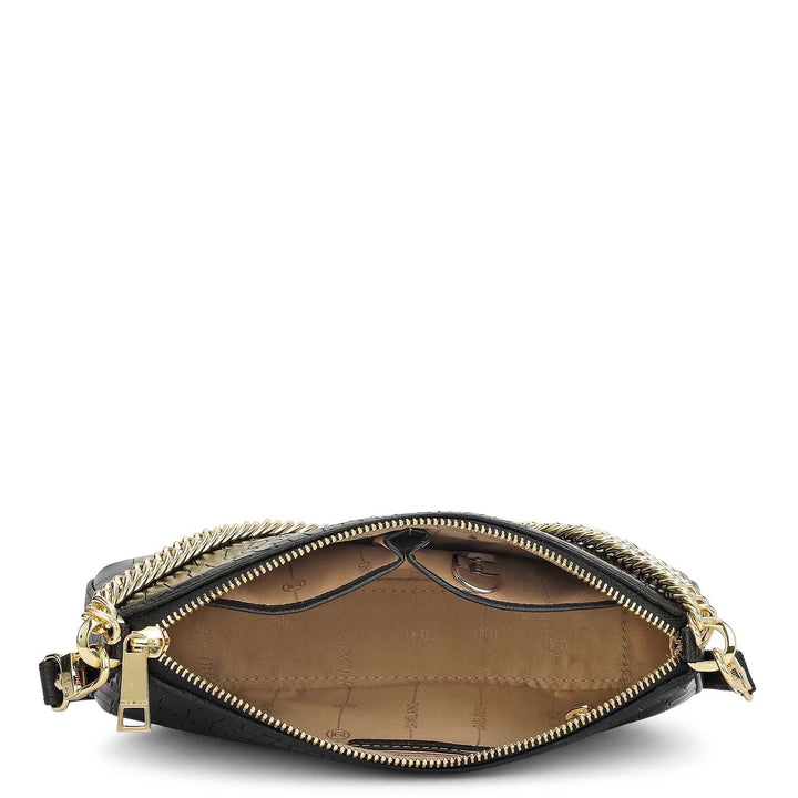 Small Croco Leather Baguette - Black