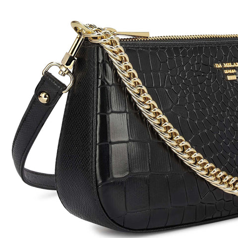 Small Croco Leather Baguette - Black