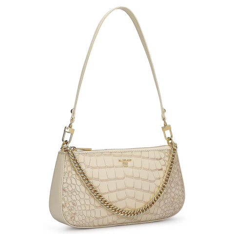 Small Croco Leather Baguette - Marshmallow