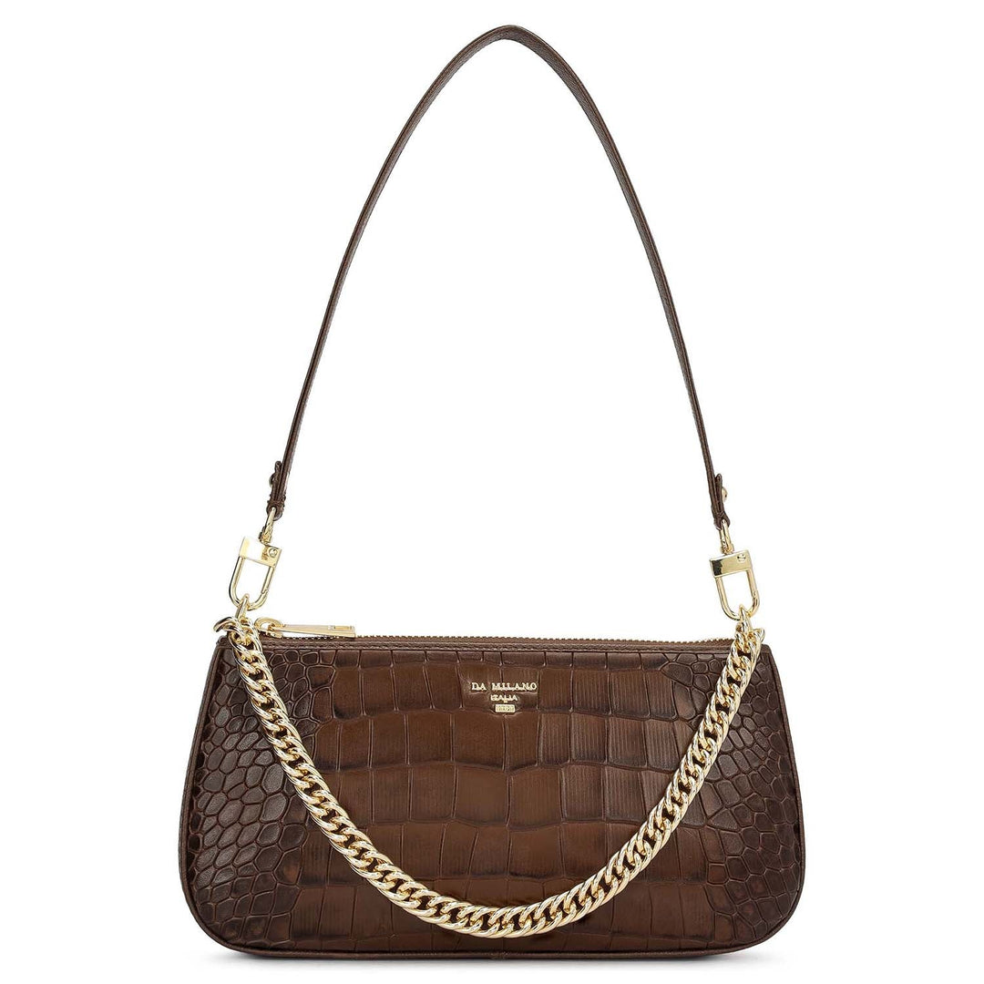 Small Croco Leather Baguette - Walnut