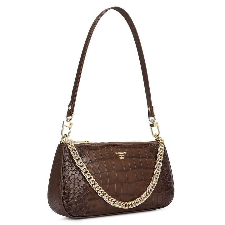 Small Croco Leather Baguette - Walnut