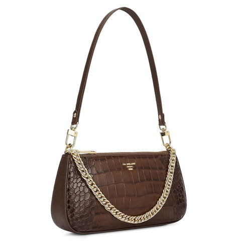 Small Croco Leather Baguette - Walnut