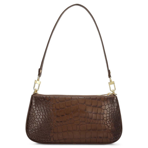 Small Croco Leather Baguette - Walnut