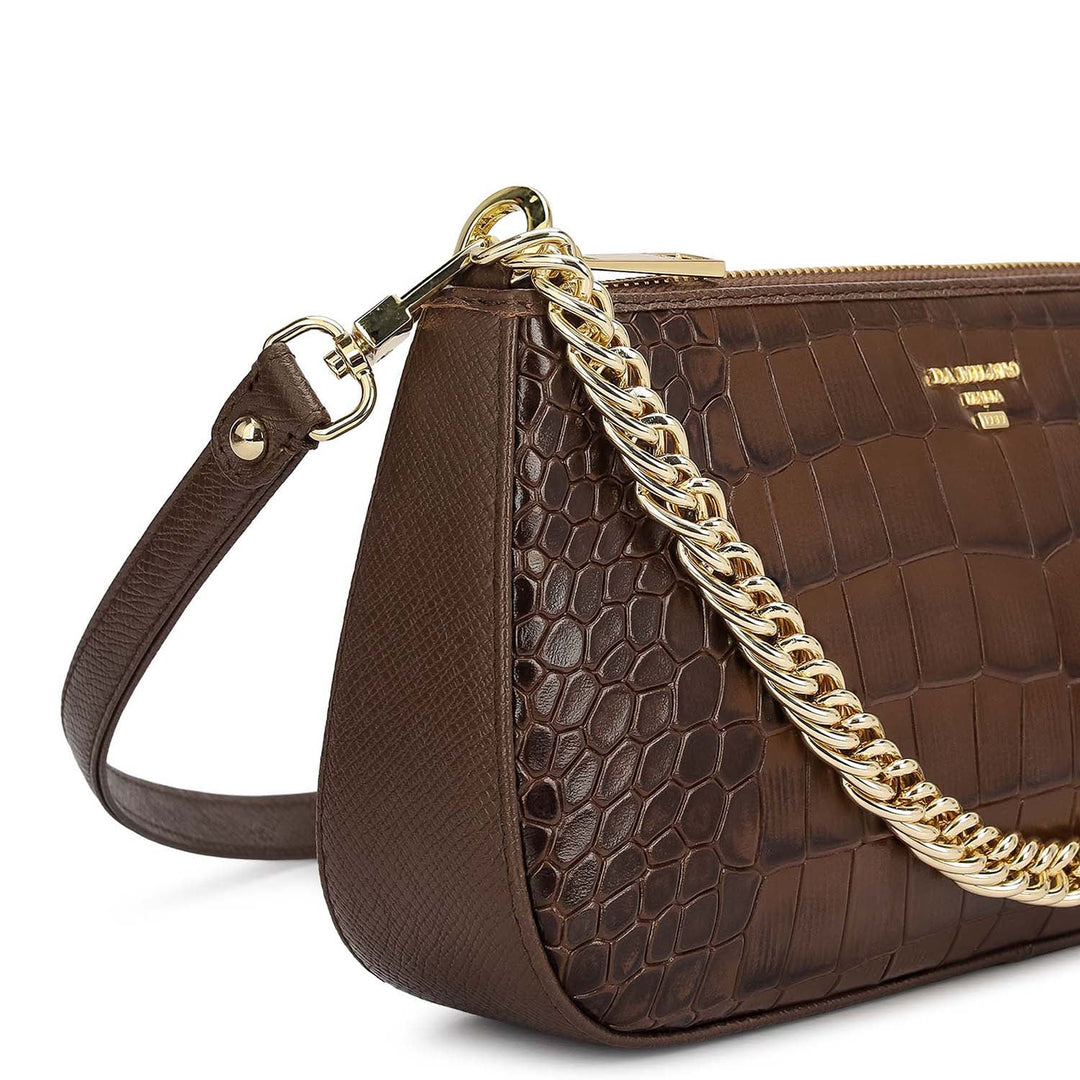Small Croco Leather Baguette - Walnut