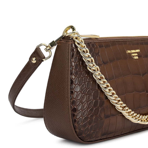 Small Croco Leather Baguette - Walnut