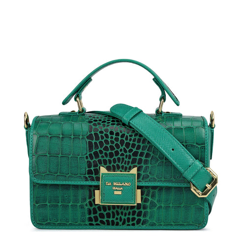 Small Croco Leather Satchel - Emerald Green