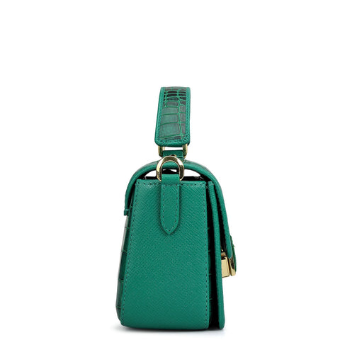 Small Croco Leather Satchel - Emerald Green