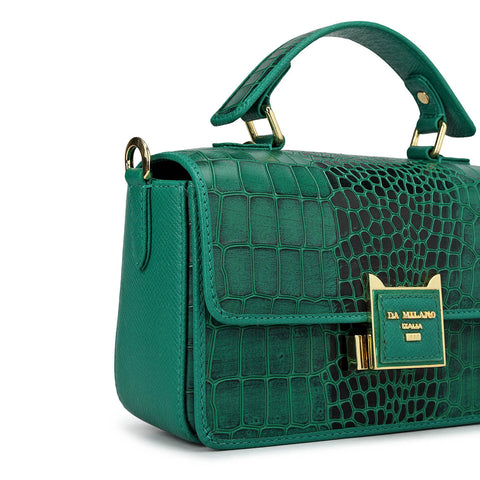Small Croco Leather Satchel - Emerald Green