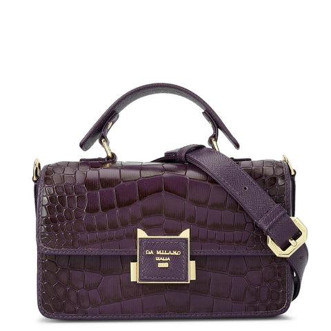 Small Croco Leather Satchel - Grapevine