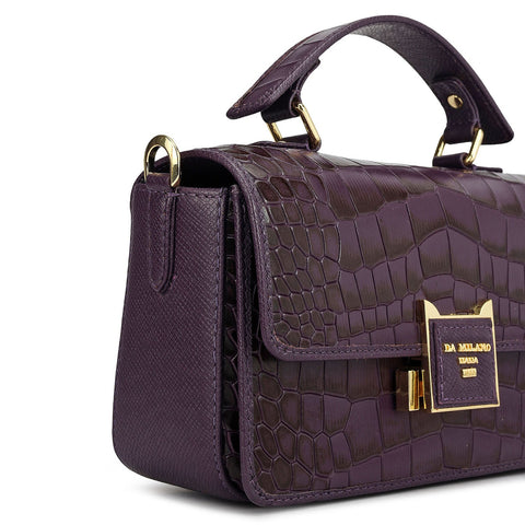 Small Croco Leather Satchel - Grapevine