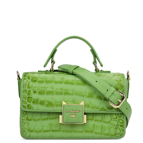 Small Croco Leather Satchel - Kiwi